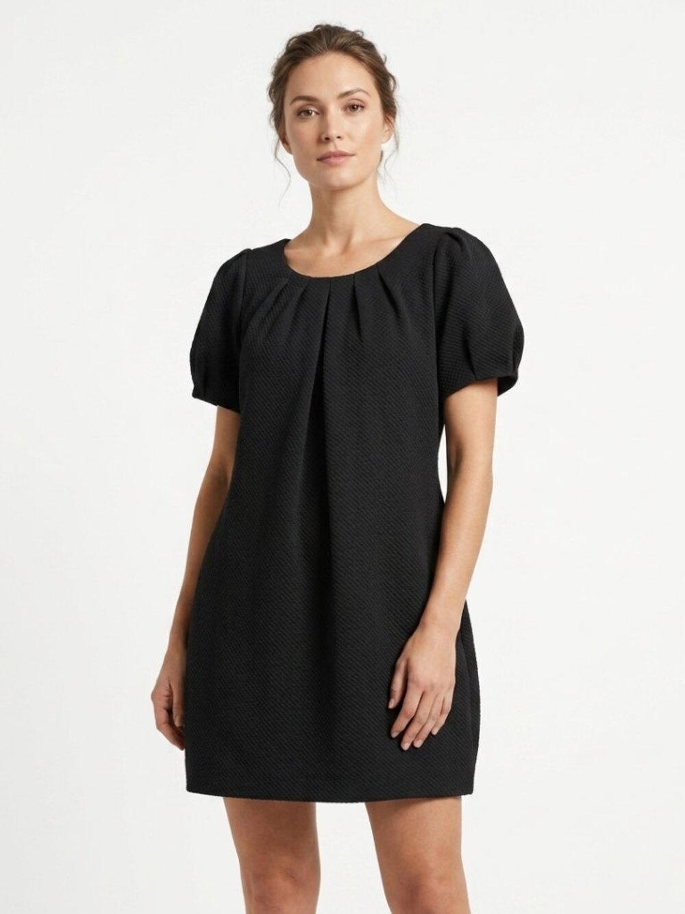 ANNE FONTAINE DESIGNER EVE BLACK QUILTED TEXTURED PUFFY SHORT SLEEVE MINI DRESS